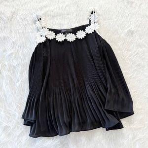 INC Black Pleated Floral Border Blouse